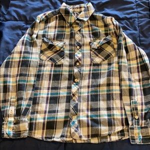 Volcom button down flannel white, blue and black